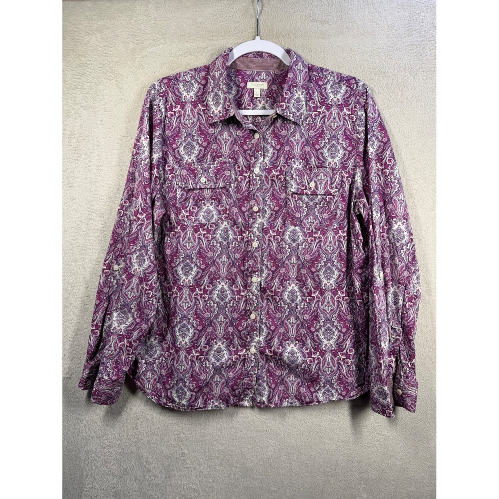 Talbots Button Down Shirt Women Large Purple Paisley Cotton Long Sleeve Blouse